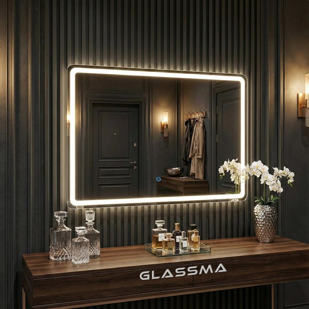 Rectangle LED Wall Mirror, Frameless Backlit Vanity Mirror with Rounded Corners & Touch Sensor Dimmable Lighting - Glassma